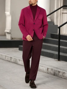 Manfinity Bizformal 男士纯色翻领单排扣商务休闲西装外套 - 酒紅色 - 查看 7