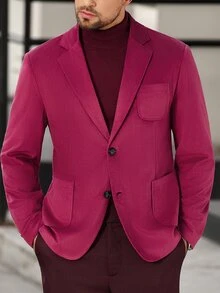 Manfinity Bizformal 男士纯色翻领单排扣商务休闲西装外套 - 酒紅色 - 查看 2