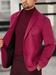Manfinity Bizformal 男士纯色翻领单排扣商务休闲西装外套 - 酒紅色 - 查看 8