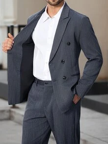 Manfinity Bizformal Conjunto de traje y pantalones de solapa con doble botonadura para hombre - Azul Marino - Ver 6
