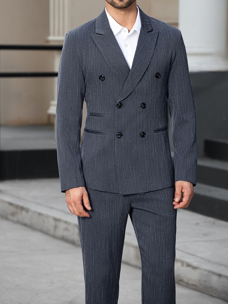 Manfinity Bizformal Conjunto de traje y pantalones de solapa con doble botonadura para hombre - Azul Marino - Añade 4