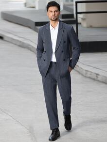 Manfinity Bizformal Conjunto de traje y pantalones de solapa con doble botonadura para hombre - Azul Marino - Ver 1