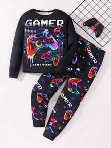 SHEIN Kids 2pcs Tween Boy Snug Fit Glow-In-The-Dark Gaming Console Print Crew Neck Long Sleeve T-Shirt And Autumn Pants Soft Comfortable Pajama Set - Black - View 7