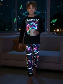 SHEIN Kids 2pcs Tween Boy Snug Fit Glow-In-The-Dark Gaming Console Print Crew Neck Long Sleeve T-Shirt And Autumn Pants Soft Comfortable Pajama Set - Black - View 5
