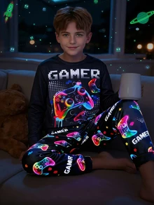 SHEIN Kids 2pcs Tween Boy Snug Fit Glow-In-The-Dark Gaming Console Print Crew Neck Long Sleeve T-Shirt And Autumn Pants Soft Comfortable Pajama Set - Black - View 2