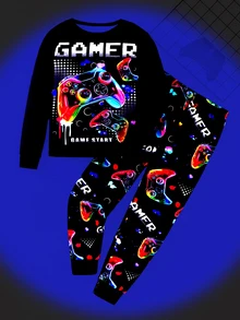 SHEIN Kids 2pcs Tween Boy Snug Fit Glow-In-The-Dark Gaming Console Print Crew Neck Long Sleeve T-Shirt And Autumn Pants Soft Comfortable Pajama Set - Black - View 6