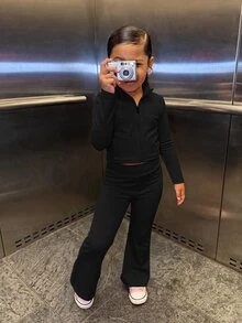 SHEIN Young Girl Young Girl Kids Young Girl Knit Solid Color Stand Collar Casual Jacket & Long Pants 2pcs Set - Black - View 6