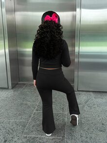 SHEIN Young Girl Young Girl Kids Young Girl Knit Solid Color Stand Collar Casual Jacket & Long Pants 2pcs Set - Black - View 2