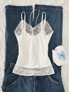 SHEIN Sparklyn Atasan Tank Top Crop Tanpa Lengan dengan Tali Bahu Tipis, Model Vintage Lucu Gaya Jalanan Y2K untuk Remaja Perempuan, Motif Huruf Blok Warna, Cocok untuk Sekolah Musim Panas, SMA, Warna Putih - Putih - View 3
