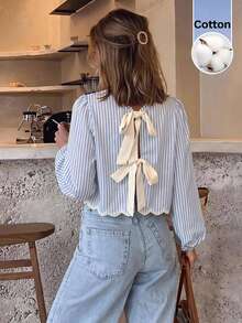 Serisse 女款長袖條紋刺繡襯衫，背部打結設計，秋冬優雅正式奢華商務時尚基本款，聖誕返校適用 - 藍白色 - 查看 5