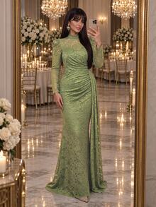Auveirra Gaun Renda Elegan Berlipit Lengan Panjang Kerah Tegak Berbentuk Mengembang untuk Wanita Ukuran Plus, Cocok untuk Musim Gugur. - Hijau - View 4