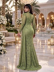 Auveirra Gaun Renda Elegan Berlipit Lengan Panjang Kerah Tegak Berbentuk Mengembang untuk Wanita Ukuran Plus, Cocok untuk Musim Gugur. - Hijau - View 2