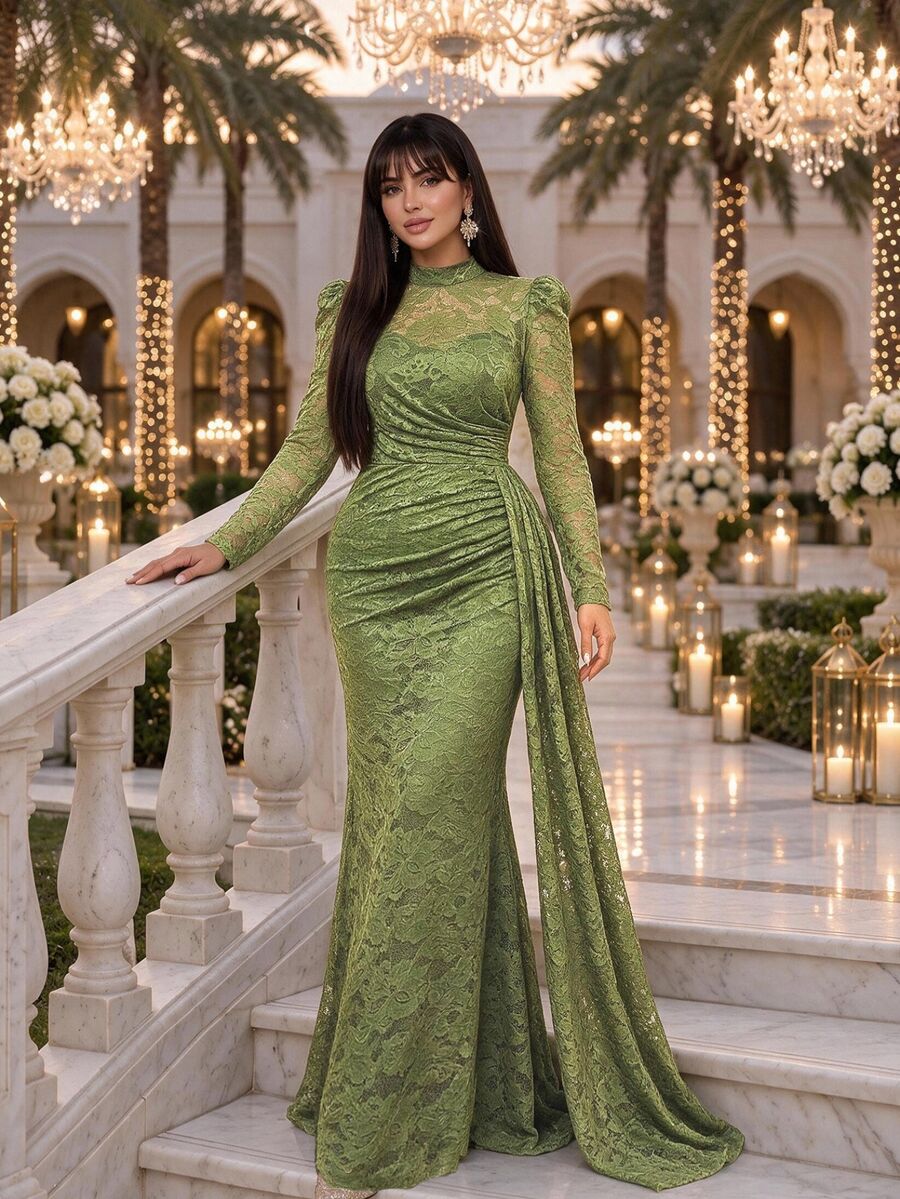 Auveirra Gaun Renda Elegan Berlipit Lengan Panjang Kerah Tegak Berbentuk Mengembang untuk Wanita Ukuran Plus, Cocok untuk Musim Gugur. - Hijau - View 1