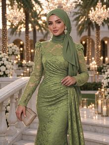 Auveirra Gaun Renda Elegan Berlipit Lengan Panjang Kerah Tegak Berbentuk Mengembang untuk Wanita Ukuran Plus, Cocok untuk Musim Gugur. - Hijau - View 3