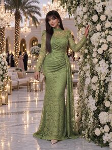 Auveirra Gaun Renda Elegan Berlipit Lengan Panjang Kerah Tegak Berbentuk Mengembang untuk Wanita Ukuran Plus, Cocok untuk Musim Gugur. - Hijau - View 6