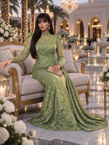 Auveirra Gaun Renda Elegan Berlipit Lengan Panjang Kerah Tegak Berbentuk Mengembang untuk Wanita Ukuran Plus, Cocok untuk Musim Gugur. - Hijau - View 5