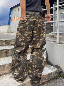 RivetRise 男士龍圖案印花迷彩寬鬆牛仔褲 Y2K 嘻哈寬腿迷彩丹寧長褲街頭風 - 軍綠色 - 查看 2
