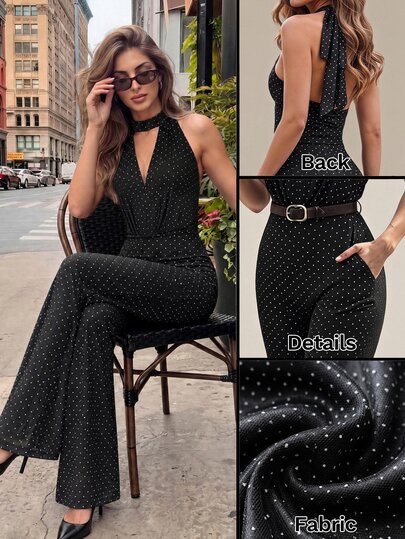 SHEIN PETITE Damers fransk svartvit prickig jumpsuit med sexig halterneck och knytning, för utekväll, dejtkväll, sommar och kontor, mångsidig och elegant, petite