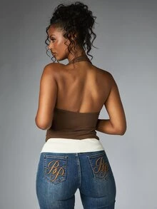 BABYPHAT Blus Leher Halter Berpotongan Dalam dengan Detail Gesper Emas dan Bagian Depan Terbuka, Atasan untuk Pesta Malam Musim Panas - Coffee Brown - View 3