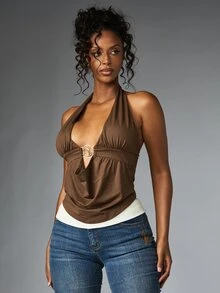 BABYPHAT Blus Leher Halter Berpotongan Dalam dengan Detail Gesper Emas dan Bagian Depan Terbuka, Atasan untuk Pesta Malam Musim Panas - Coffee Brown - View 5