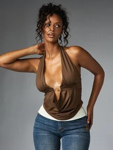BABYPHAT Blus Leher Halter Berpotongan Dalam dengan Detail Gesper Emas dan Bagian Depan Terbuka, Atasan untuk Pesta Malam Musim Panas - Coffee Brown - View 6