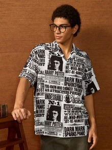 HARRY POTTER X SHEIN Men's Letter Print Fashion Single-Breasted Short Sleeve Shirt - White - View 3