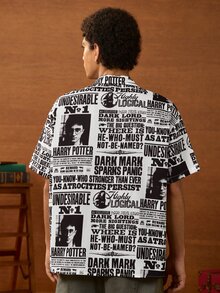 HARRY POTTER X SHEIN Men's Letter Print Fashion Single-Breasted Short Sleeve Shirt - White - View 2