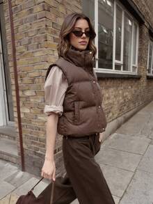Serisse Manteau matelassé décontracté chaud pour femme avec col montant et fermeture éclair, automne hiver, Noël, Nouvel An, Thanksgiving, haut marron café - Marron - Voir 5