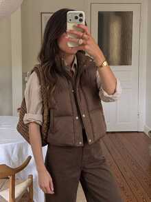 Serisse Manteau matelassé décontracté chaud pour femme avec col montant et fermeture éclair, automne hiver, Noël, Nouvel An, Thanksgiving, haut marron café - Marron - Voir 2