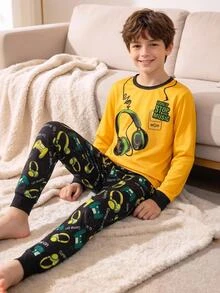 SHEIN 2pcs Kids Tween Boy Casual Daily Comfortable Printed Soccer Pattern Crew Neck Pullover Pajama Top And Pants Knit Loungewear Set - Grey - View 6