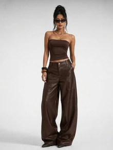 SHEIN PETITE بنطلون نسائي بلون موحد من جلد البولي يوريثان بساق واسعة وفضفاضة وأنيقة - بني - مشاهدة 6