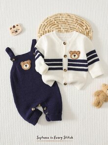 Cozy Pixies Newborn Baby Sweater Co-Ords Autumn/Winter Cute Floral Pattern Knit Cardigan & Suspender Romper Set - Blue and White - View 3
