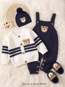 Cozy Pixies Newborn Baby Sweater Co-Ords Autumn/Winter Cute Floral Pattern Knit Cardigan & Suspender Romper Set - Blue and White - View 6