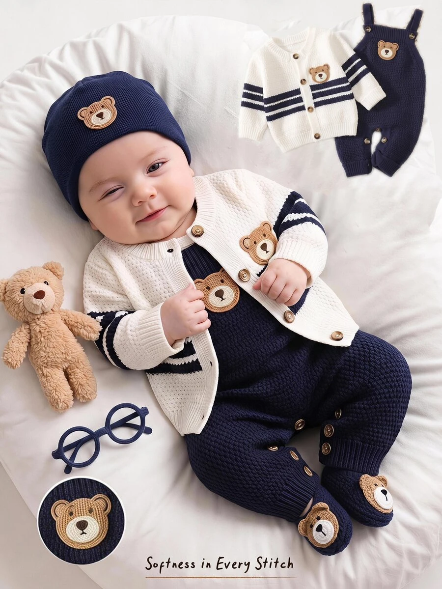 Cozy Pixies Newborn Baby Sweater Co-Ords Autumn/Winter Cute Floral Pattern Knit Cardigan & Suspender Romper Set - Blue and White - View 1