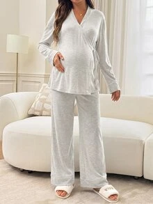 Slowluna Maternity Solid Color Side Knot Long Sleeve T-Shirt And Long Pants Casual 2 Pieces Set Fall - Light Grey - View 5