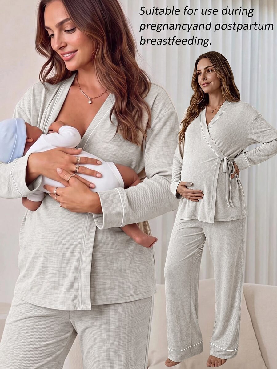 Slowluna Maternity Solid Color Side Knot Long Sleeve T-Shirt And Long Pants Casual 2 Pieces Set Fall - Light Grey - View 1