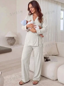 Slowluna Maternity Solid Color Side Knot Long Sleeve T-Shirt And Long Pants Casual 2 Pieces Set Fall - Light Grey - View 3
