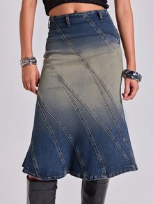 ROMWE Fall/Winter Y2K Street Casual Vintage Faded Washed Bodycon Asymmetric Cut Split Line Women's Denim Skirt - Dark Wash - View 7