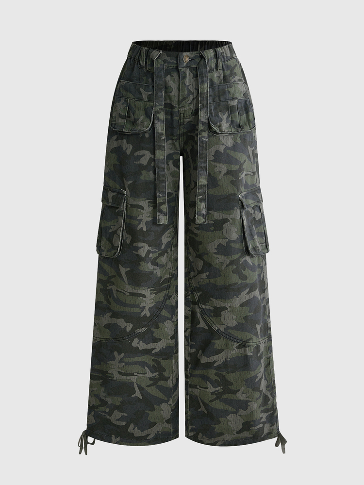 ROMWE Autumn Winter Spring Street Casual Y2K Camouflage Loose Multi-Pocket Straight Leg Cargo Jeans - Army Green - View 7