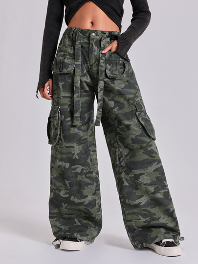ROMWE Autumn Winter Spring Street Casual Y2K Camouflage Loose Multi-Pocket Straight Leg Cargo Colossus Jeans