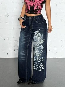 StreetHx Y2K Women's Mid-Waist Printed Cat Whisker Washed Straight Leg Jeans - Dark Wash - View 4