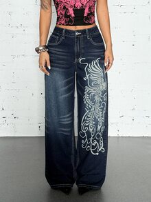StreetHx Y2K Women's Mid-Waist Printed Cat Whisker Washed Straight Leg Jeans - Dark Wash - View 7