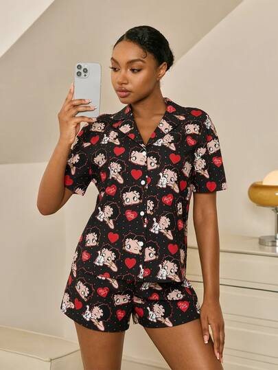 Betty Boop x SHEIN Women's Heart Print Short Sleeve Top And Shorts Pajama Set