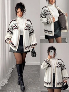 SHEIN Elenzya 大尺碼女款秋冬時尚休閒拼色長袖寬鬆顯瘦開襟衫，適合外出、度假、派對 - 杏色 - 查看 8