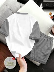 Lornexis 男士时尚马匹印花+3D立体印花撞色短袖T恤短裤套装，奢华休闲百搭男士圆领T恤短裤套装 - 彩色 - 查看 2