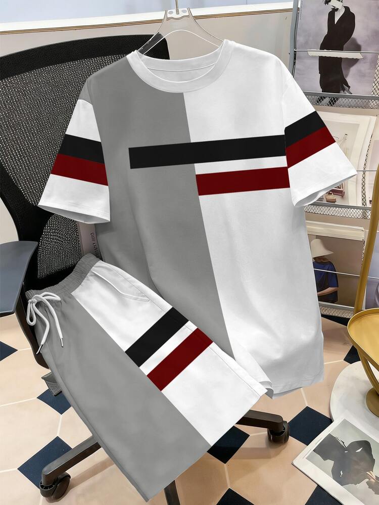 Lornexis Setelan Pria Serbaguna: Kaos Kasual Pria Warna Abu-abu Putih Merah dengan Kerah Bulat dan Celana Pendek Selutut - MultiWarna - View 3