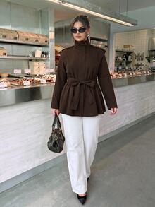 SHEIN BAE CURVE Jaket Pendek Wanita Ukuran Besar Warna Cokelat Kopi dengan Tali Ikat di Bahu untuk Musim Gugur - Coffee Brown - View 3