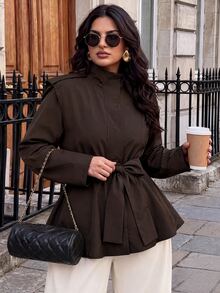SHEIN BAE CURVE Jaket Pendek Wanita Ukuran Besar Warna Cokelat Kopi dengan Tali Ikat di Bahu untuk Musim Gugur - Coffee Brown - View 2