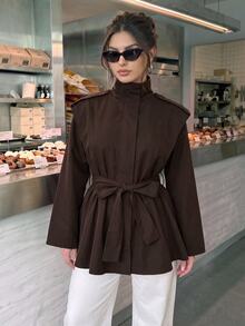 SHEIN BAE CURVE Jaket Pendek Wanita Ukuran Besar Warna Cokelat Kopi dengan Tali Ikat di Bahu untuk Musim Gugur - Coffee Brown - View 4