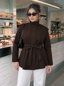 SHEIN BAE CURVE Jaket Pendek Wanita Ukuran Besar Warna Cokelat Kopi dengan Tali Ikat di Bahu untuk Musim Gugur - Coffee Brown - View 5